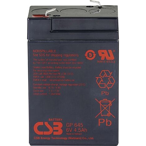 CSB Battery GP 645 Standby USV GP645F1 Batterie au plomb 6 V 4.5 Ah plomb (AGM) (l x H x P) 70 x 107 x 48 mm cosses plates 4,8 mm sans entretien, auto A601922