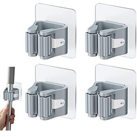 CSPARCV 4-teiliger selbstklebender Wandbesenhalter, Moppclip, Wandbesenhalter ohne Bohren, Grau, Besenclip für Bad und Küche