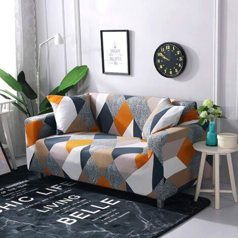 CSPARCV (Copridivano a 3 posti: 181-230 cm, multicolore-quadrato) Copridivano elasticizzato con stampa, moderno copridivano antiscivolo per 1/2/3/4 posti
