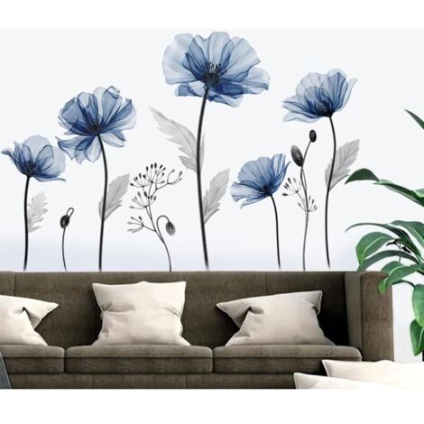 CSPARKV 1 ensemble   Stickers Muraux Fleurs Bleues Grand Autocollant Mural Fleurs Bleu Coquelicot Plante Décoration Murale Salon Chambre Salle de Bain