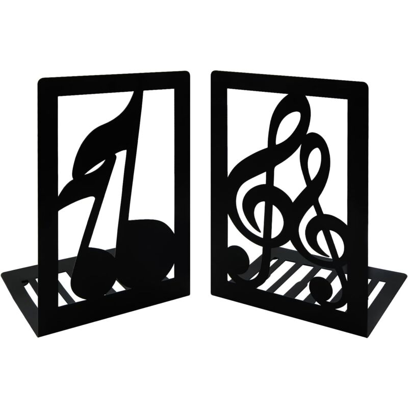 Csparkv - 1 Paire de Serre-Livres en métal Noirs avec Note de Musique, mélodie Musicale, Serre-Livres en Fer antidérapant, Support Organisateur de