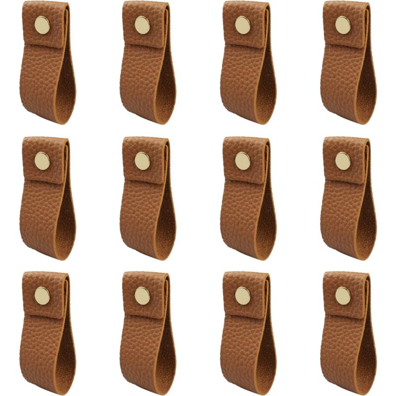CSPARKV 12 Pièces Poignee Cuir Marron PU Poignée de Tiroir en Cuir Poignées de Placard avec Vis Accessoires pour Meubles, Cuisine, Salle Bain