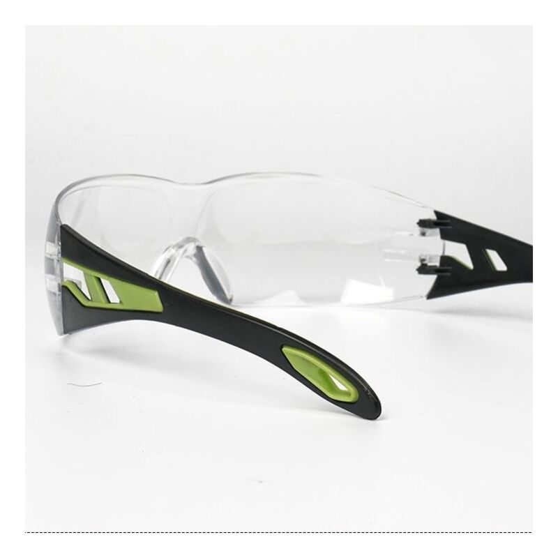 14.5×11.2×4.5cm)Black/Green Safety Glasses - Clear Lens & Rubber Nose Bridge - Secure Fit - Anti-Scratch Goggles - Personal Protective Equipment