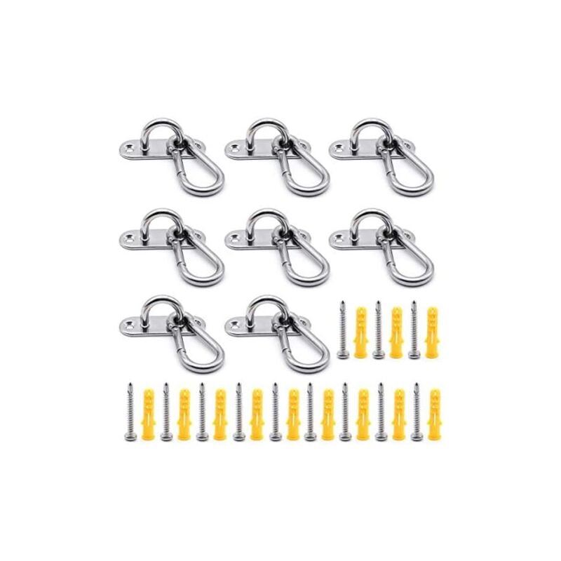 Csparkv - 16 pièces Crochet Plafond 60mm, Plaque Oeillet Acier Inoxydable M6 (8 Pcs) et Mousquetons M6 (8 Pcs), Combinaison de Crochet Plafond de