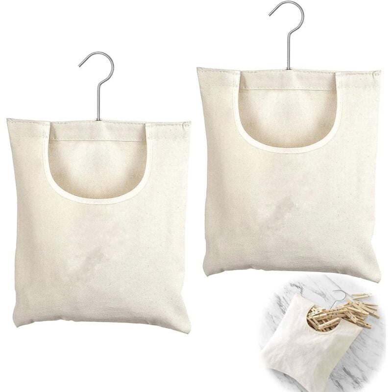 CSPARKV 2 Pièces Sac à Pince à Linge, Panier Rangement Pinces à Linge,Sac de Rangement Suspendu en Lin,27 X 32 Cm,Crochet en Acier Inoxydable Rotatif
