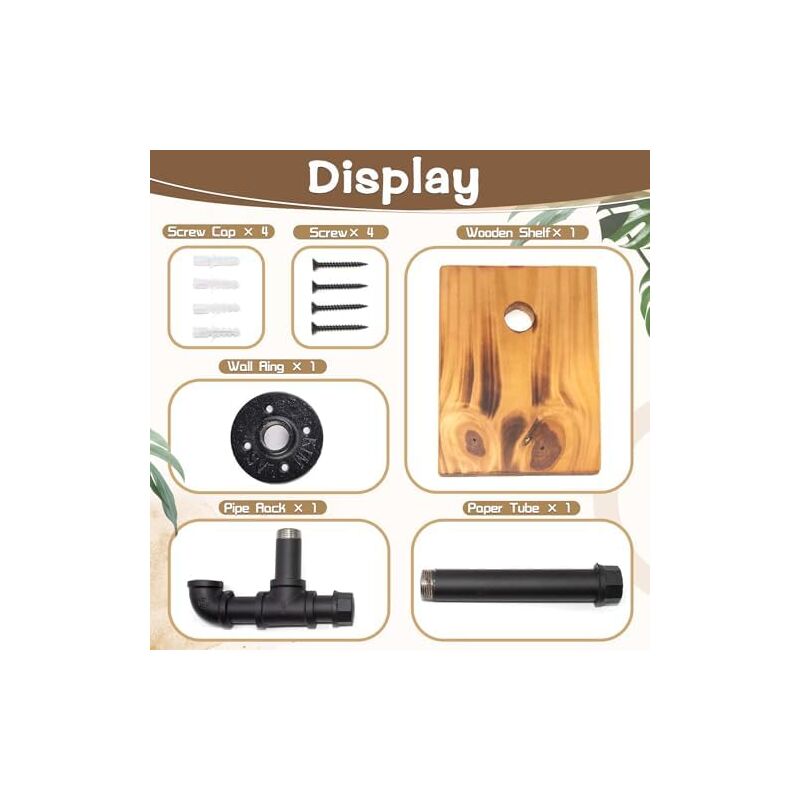 Csparkv - 20x15x15 cm Porte Papier Toilette Industriel Avec Étagère en Bois Et Tuyau en Fonte -Support Mural Rustique Pour Papier Hygiénique en Tuyau