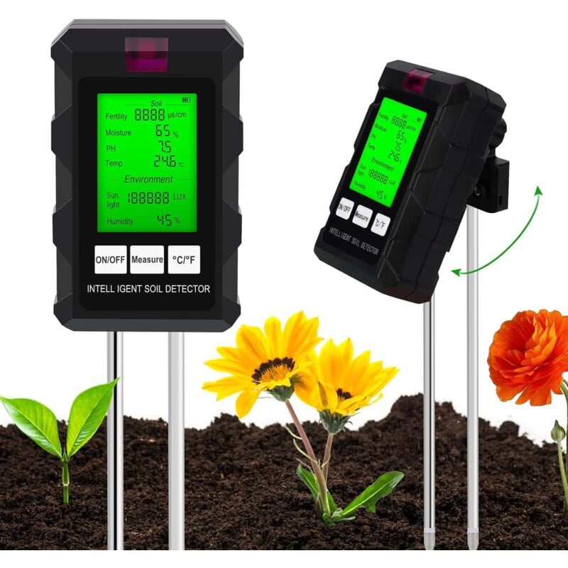 22×4.9×4cm)Testeur de Sol 6 en 1, Appareil de Mesure du Sol avec Fertilité du Sol/Humidité/pH/Température/Lumière Solaire/Humidité Ambiante,Testeur