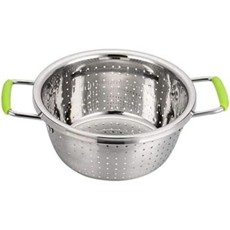 CSPARKV 22x19.5x10cm Acier Inoxydable Profond Passoire CP72 Micro-perforé Métal Passoire Alimentaire avec Vert Poignées en Silicone pour Évacuation Pâtes Nettoyage Aliments comme Fruit