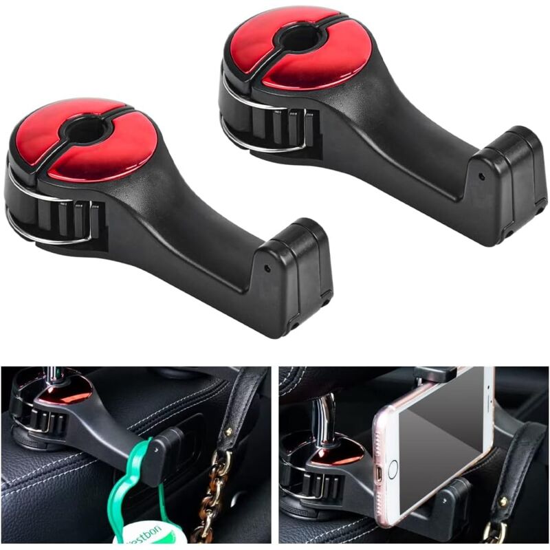 Csparkv - 2PCS Car Headrest Hook Red and Black Car Back Seat Hook Car Back Seat Hook Holder Car Back Seat Hooks for Cell Phone Bag