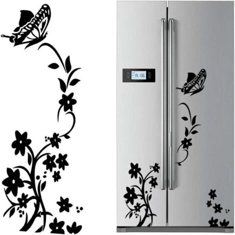 CSPARKV 2pcs Noir Fleur Vigne Stickers Muraux Réfrigérateur en PVC Papillon Autocollant Murales Amovible Art Décor pour Placard Maison Cuisine - 5730CM