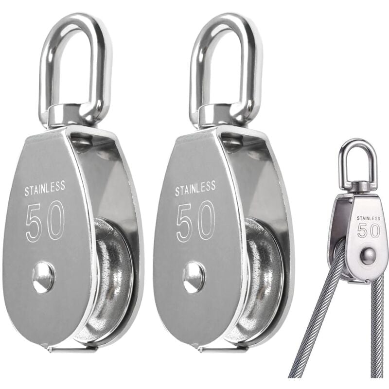 Csparkv - 2PCS Poulie Simple Acier Inox M50/400KG Poulie de Levage Poulie Acier Inoxydable, Poulie avec Roulements Pivotants, Poulie Bloc Poulie