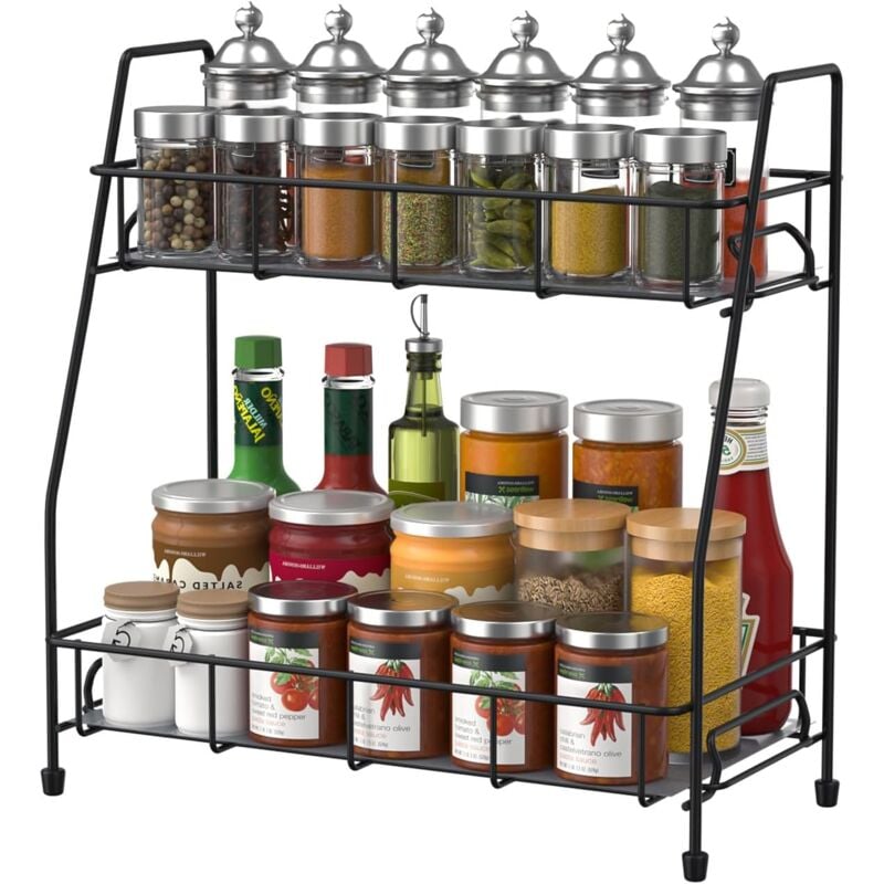 Csparkv - 31x 14 x 31cm Noir Étagère à Épices Cuisine, Porte-Épices en Métal, Rangement Epices Cuisine pour Comptoir,Étagère de Rangement 2 Niveaux