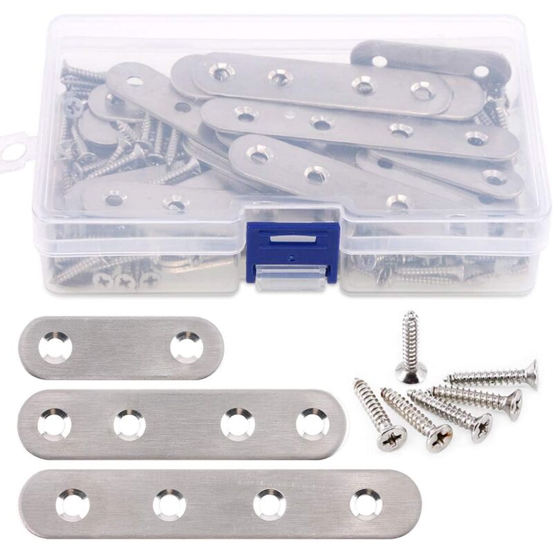35Pcs 1.45' 2.25' 3.8' Stainless Steel Flat Straight Brackets for Joining Plate Repair and 80Pcs Screws, Total 115Pcs - Silver - Csparkv