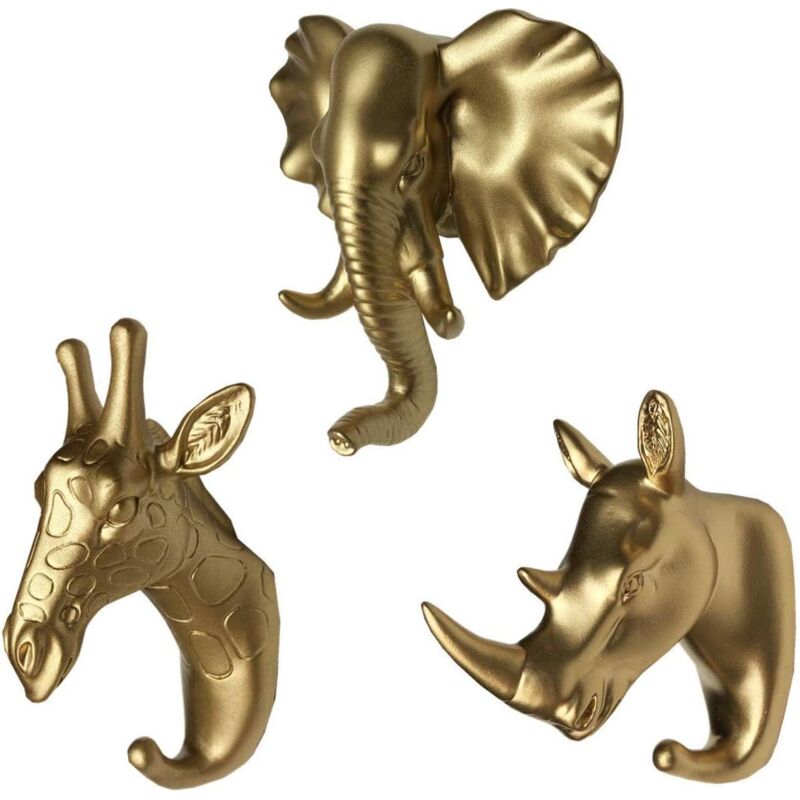 3pcs Elephant Giraffe Rhinoceros Head Wall Hooks Animal Shape Coat Rack Hanger (Gold) - Csparkv