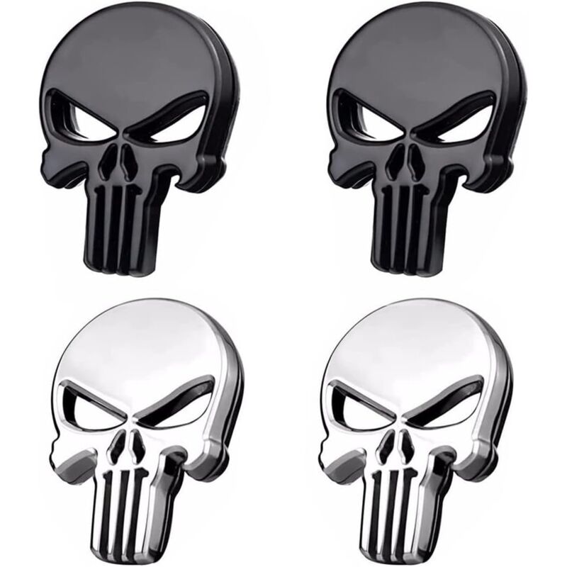 4 Pieces 3D Skull Car Stickers - Silver and Black - 58 x 15mm Metal Skull Car Stickers Punk Style for Vehicle and Motorcycle Decoration or Exquisite