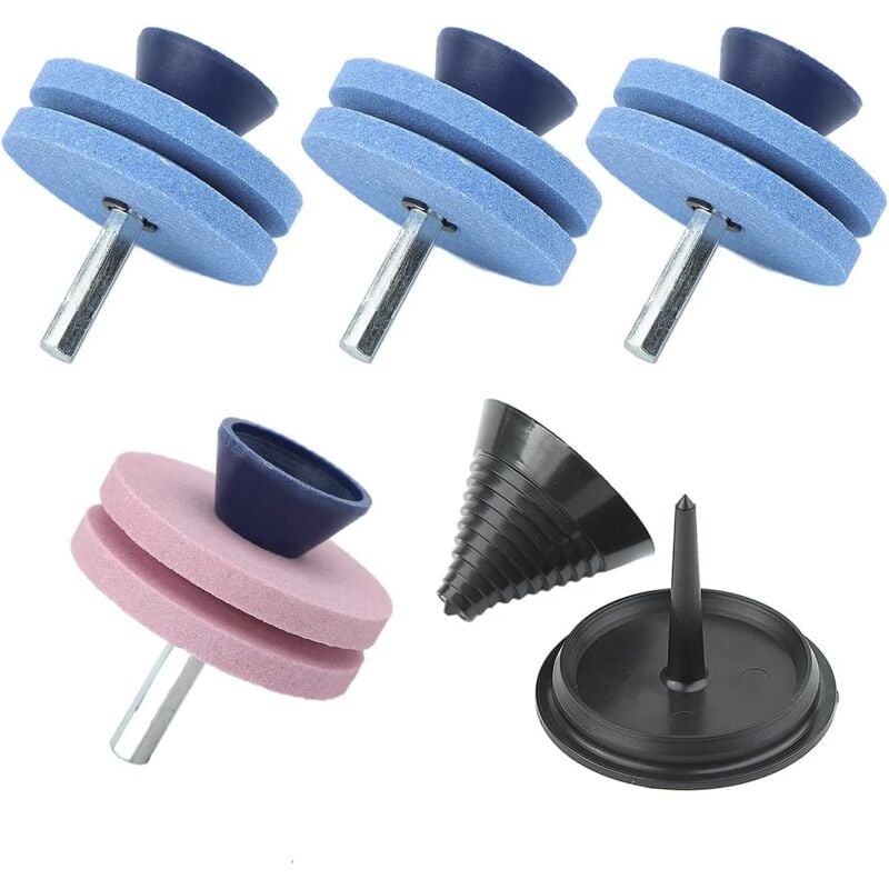 Csparkv - 4 pièces Pierre à aiguiser Double Couche Tondeuse à Gazon Affûteuse de Lame pour perceuse avec équilibreur de Lame pour perceuse à Main