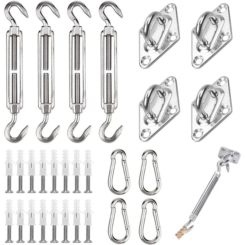 44 pcs Kit de Fixation pour Voile D'ombrage, Inoxydable Kit de Montage Fixations d'ombrage de Voile, de Fixation pour Triangle et Carré, Rectangle,
