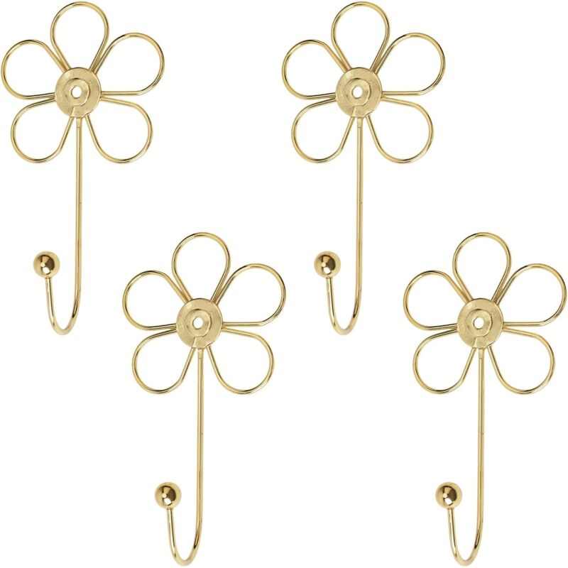 CSPARKV 4Pcs Gold Flower Wall Hooks Decorative Wall Mounted Hooks for Hanging Scarves Towels Keys Bags Hats