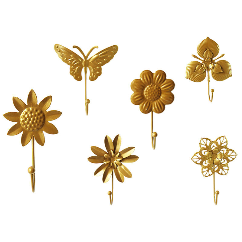 6 Pieces Gold Wall Hooks, Flower and Butterfly Shape Wall Hooks, Vintage Wall Hooks Decoration, Door Hooks for Bedroom Kitchen Living Room - Csparkv