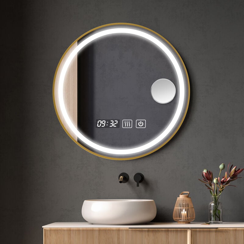 CSPARKV 60 60 3 Miroir de salle de bain LED rond Miroir de courtoisie à cadre doré avec capteur tactile, lumière blanche / blanche chaude