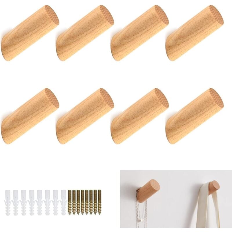 Csparkv - 8 Pièces Patère Bois Crochet Mural Bois, Crochets Muraux en Bois Porte-chapeau d'entrée pour Suspendre des Sacs à Main, des Vêtements, des