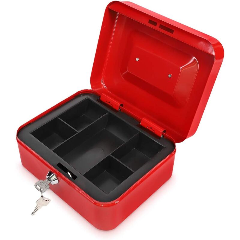 Csparkv - Caisse à Monnaie - Monnayeur 20 x 15 x 9 cm en Acier pour pièces Billets - Caisse avec Plateau Amovible 5 Compartiments et 2X clé