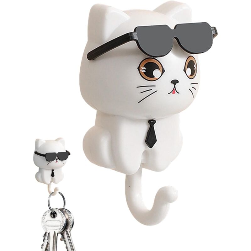 Csparkv - Cat Key Hook, Cat Hooks for Keys Kitten Hat Hooks, Adhesive Wall Mounted Coat Hook, Cute Room Decoration, Kitten Hooks with Sunglasses for