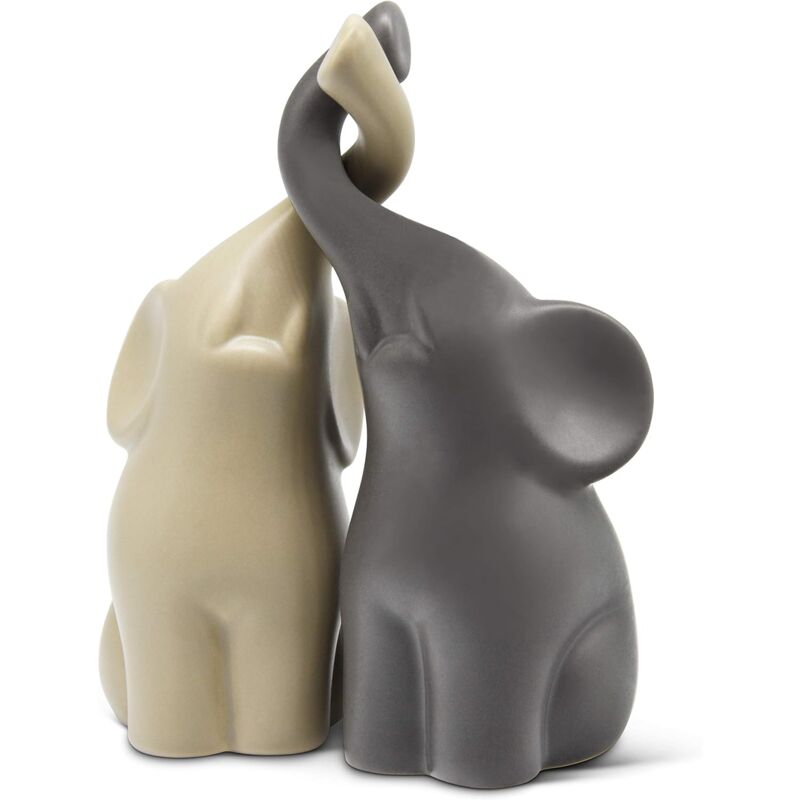 Csparkv - Couple harmonieux d'éléphants en céramique Beige & Gris - Sculpture Moderne, Couple de Deux éléphants indépendants - Figurine de déco 16 cm