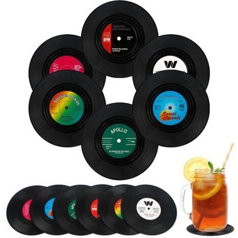 CSPARKV Dessous de Verre en Vinyle 12 Pcs sous-Verres Rétro CD Dessous de Verre Antidérapant Isolant Tapis de Table Vinyle pour la Protection de Boissons Froides Chaudes Café Thé Bière Verres à Vin