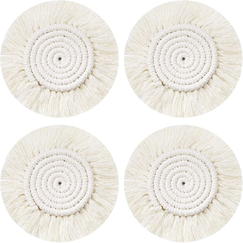 CSPARKV Dessous Verre Napperon Tissé Main, 4Pcs Ronds sous-Verres Tressé Coaster Macrame, Boho Tapis de Café Boisson Bière Tasse Table Antidérapant