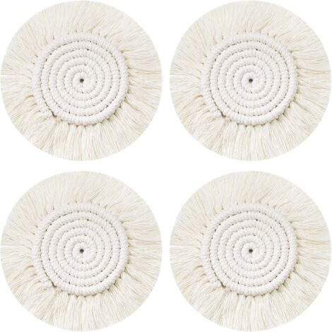 CSPARKV Dessous Verre Napperon Tissé Main, 4Pcs Ronds sous-Verres Tressé Coaster Macrame, Boho Tapis de Café Boisson Bière Tasse Table Antidérapant Résistantes à la Chaleur Décoration de Table