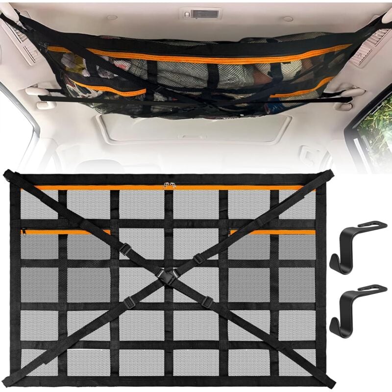 Csparkv - Filet de Rangement pour Toit, 90x65cm Filet à Bagages pour Voiture Réglable, Universel Maille Sac de Rangement pour Toit de Voiture,