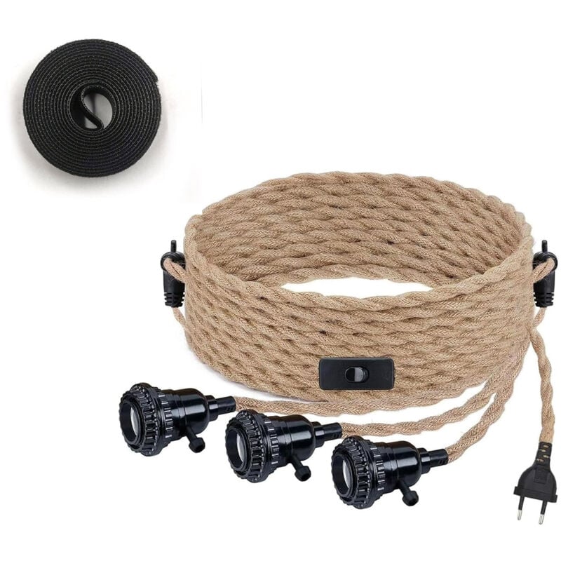 Kit de Lustre Corde de Chanvre Vintage Cable Suspension Luminaire avec Interrupteur et Prise eu diy 3-Flamme Suspension Lampe Textile Câble Corde E27