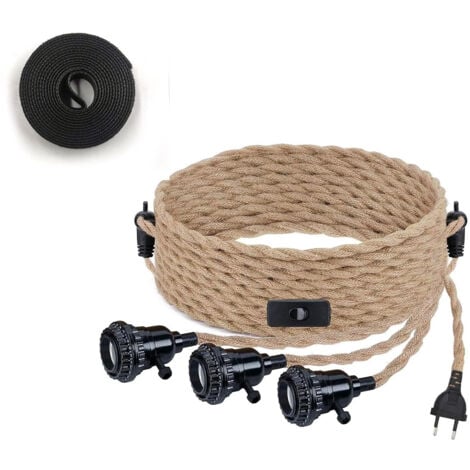CSPARKV Kit de Lustre Corde de Chanvre Vintage Cable Suspension Luminaire avec Interrupteur et Prise EU DIY 3-Flamme Suspension Lampe Textile Câble Corde E27 Décor Eclairage Chambre Salon Cuisine Mang