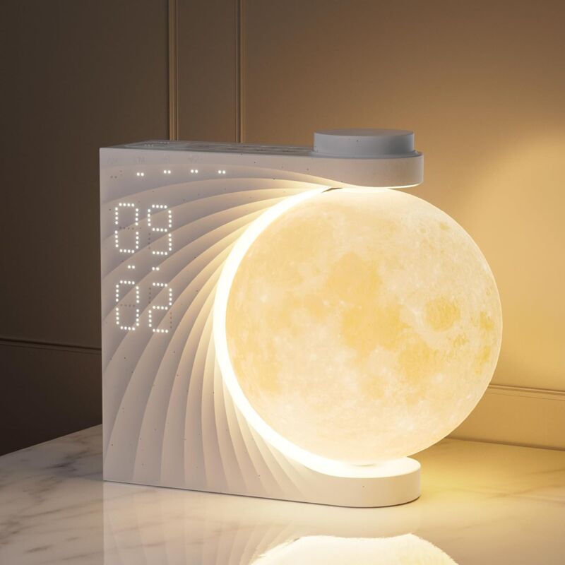 Csparkv - Lampe de Lune avec Réveil Lumineux, 2 Réveils, Lumière Lunaire rgb 8 Couleurs, 10 Sons Naturels, Veilleuse 3 Niveaux de Luminosité Lampe de