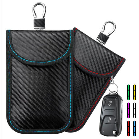 CSPARKV Lot de 2 Etui Anti RFID Clé Voiture Signal Blocage Faraday Pochette Sac. Pochettes Blocage Signal RFID pour Clé Voiture. Étui de Protection Anti RFID en Fibre de Carbone (Rouge + Bleu）