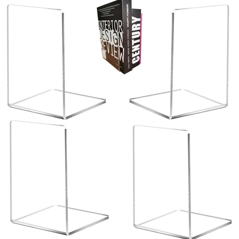 Csparkv - Lot de 4 Serre-Livres en Acrylique, Serre Livre, Serre-Livres pour Étagères, Serre-Livres Transparent, Serre Livre Acrylique Transparent,