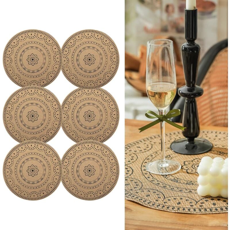 Csparkv - Lot de 6 Sets de Table Ronds à Imprimé Bohème en pvc Tressés Sets de Table Lavable Résiste à la Chaleur Antidérapant Tapis de Table pour