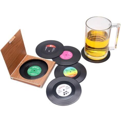 CSPARKV Lot de 6 sous-verres, disque en vinyle (LP), style rétro, antidérapants, pour la tasse, le café et les boissons