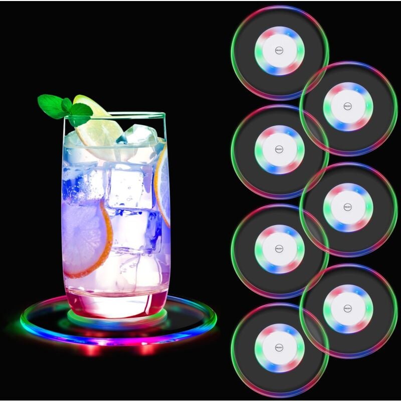 Lot de 7 Dessous de Verre led Lumineux Coloré, Lumineux Batterie remplaçable 6 Couleurs, sous Verres Ronds Lumineux pour Bière Cocktail Wine,