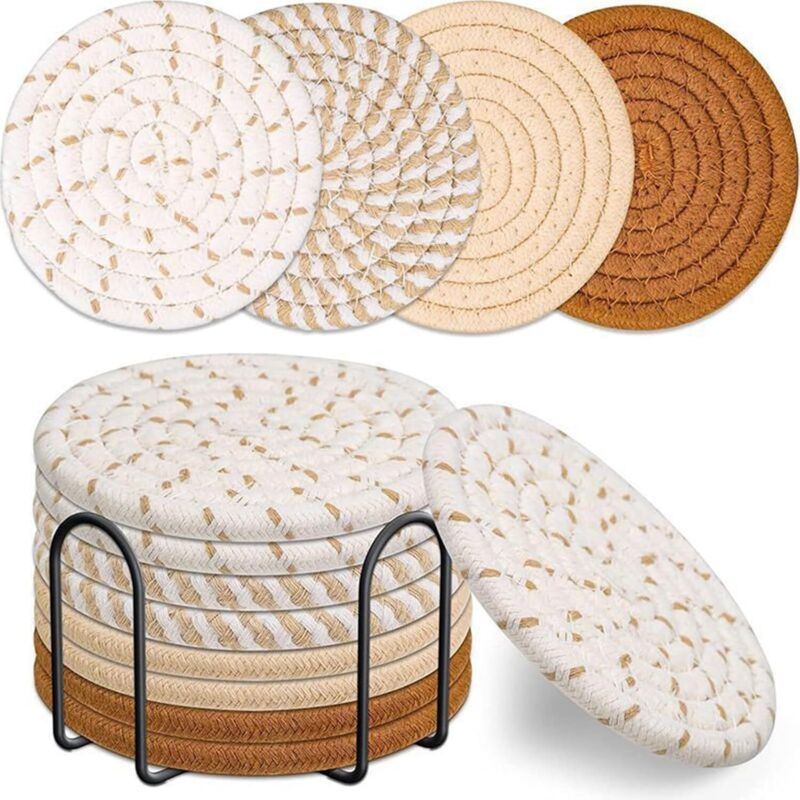 Csparkv - Lot de 8 Dessous de Verre avec Support, sous-Verres Ronds Tissés en Coton pour Gobelets à Boissons, Absorbants Coaster en Céramique