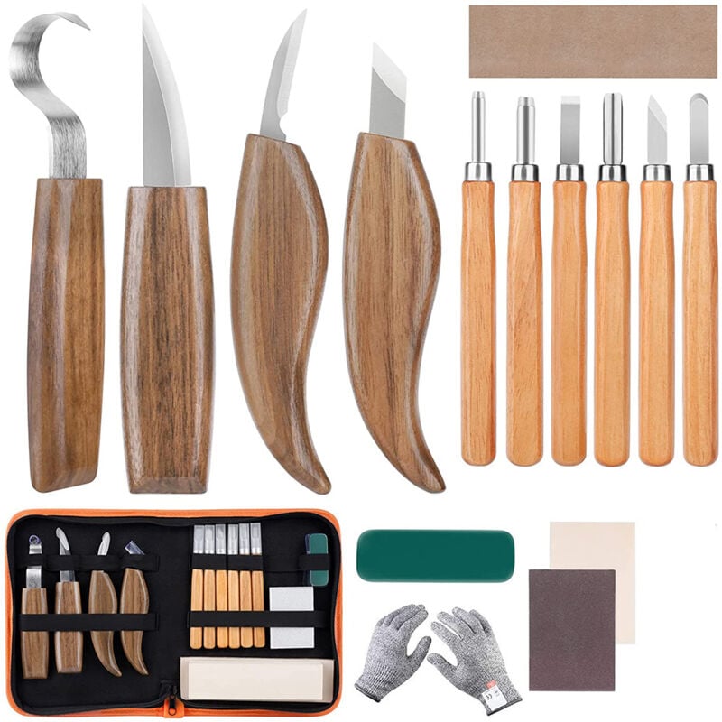 Csparkv - Outil de Ciseaux à Bois Kit, 15 Pièces diy Outils de Sculpture avec Gants Résistants aux Coupures, Couteau de Sculpture pour Sculpteur,