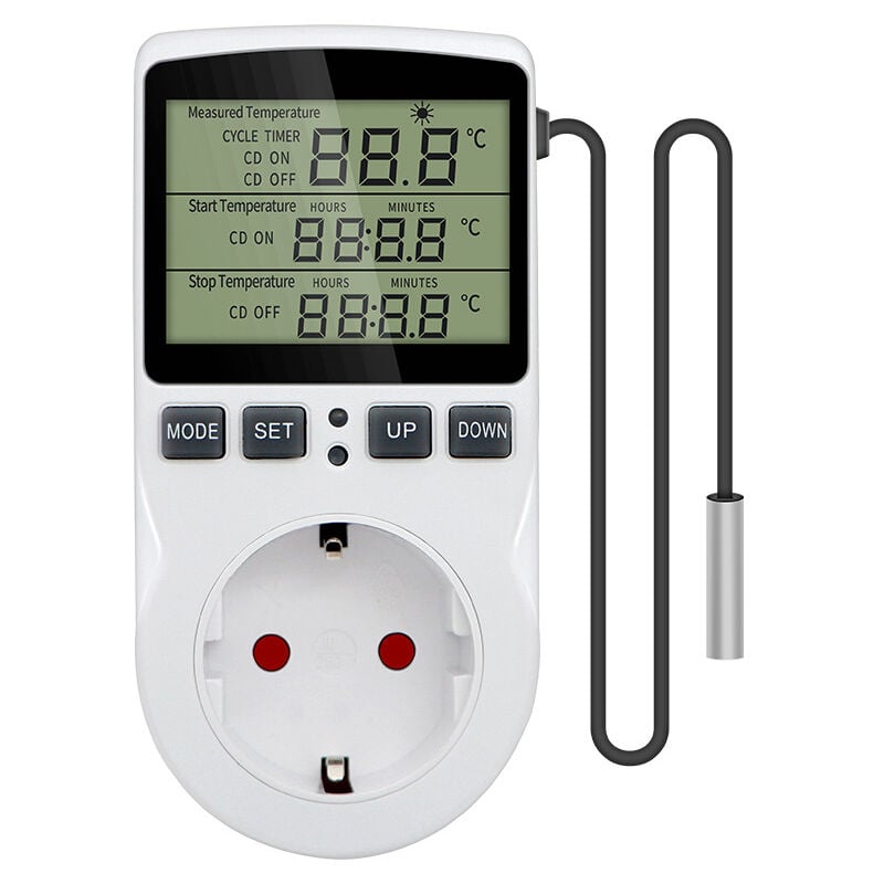 CSPARKV Prise Thermostat Regulateur de Température Numérique Chauffage Refroidissement avec Sonde, LCD Prise Contrôleur de Température Minuteur pour