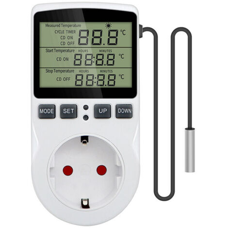 CSPARKV Prise Thermostat Regulateur de Température Numérique Chauffage Refroidissement avec Sonde, LCD Prise Contrôleur de Température Minuteur pour Aquarium Incubateur Serre