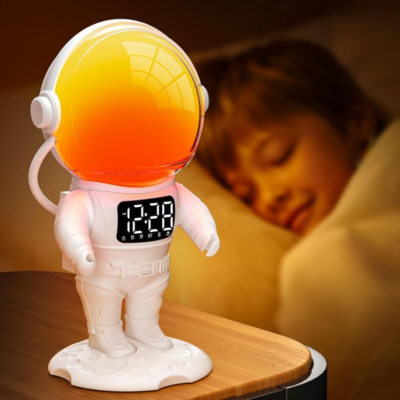 Réveil Enfant, Lampe de Réveil avec 7 Sonneries, Snooze, 21 Sons Apaisants et Minuterie, Réveil Lumineux Enceinte Bluetooth, Lampe de Chevet
