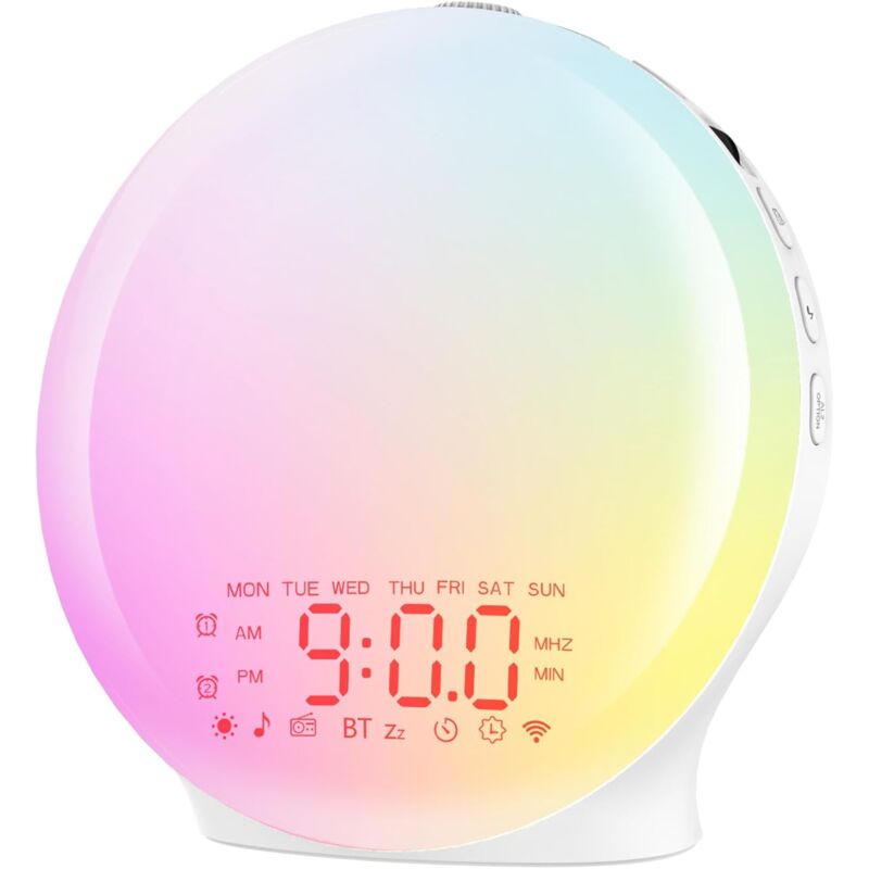 CSPARKV Réveil Lumière Bluetooth,Radio Eveil Matin Lumineux Lampe de Chevet 18 Niveaux de Luminosité Simulateur d'Aube et Crépuscule 2 Réveils 22