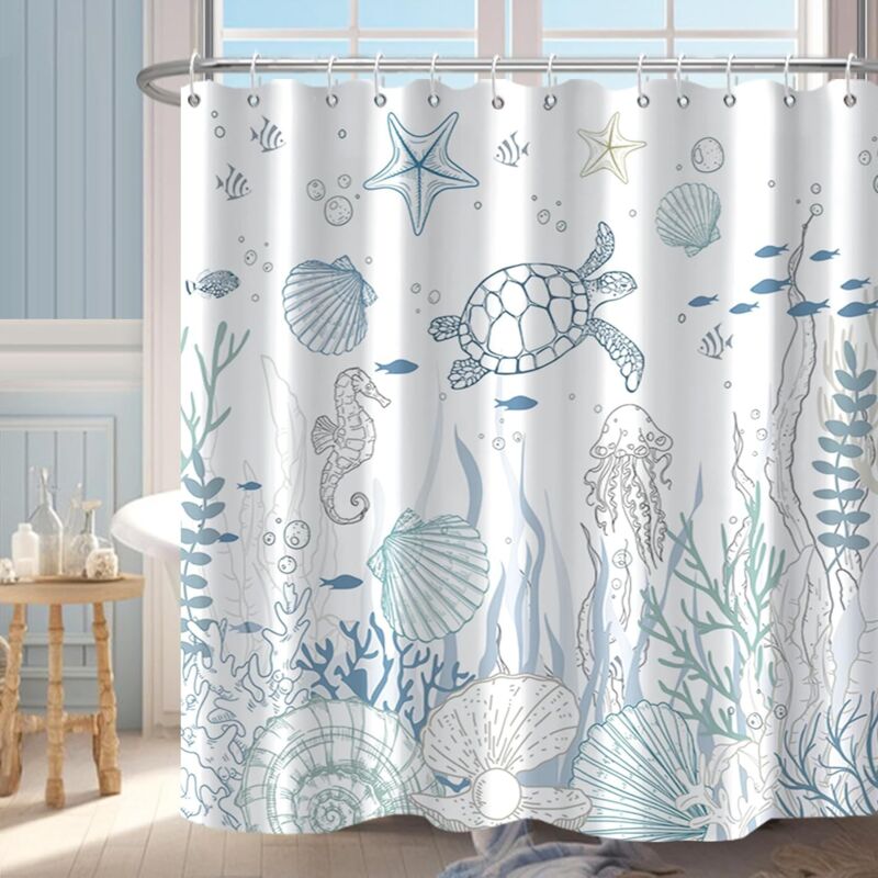 Csparkv - Rideau de douche, 180 x 200 cm, motif fond marin, textile, anti-moisissure, ourlet lesté, imperméable, lavable, avec œillets et anneaux de