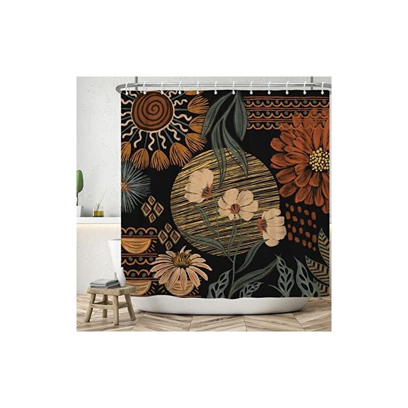Rideau de Douche 180x200 cm Style Boho, Art Abstrait rétro Feuilles de Fleurs Noir Petit Rideau de Douche Lavable en Textile Rideau Douche