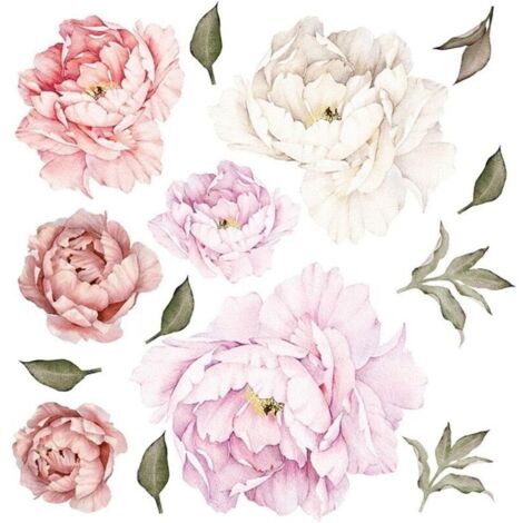 CSPARKV stickers muraux GRAND PIVOINES Tricolore I autocollant sticker mural rose blanc fleurs romantique plantes feuilles I Décor pour salon chambre cuisine couloir chambre d'enfant