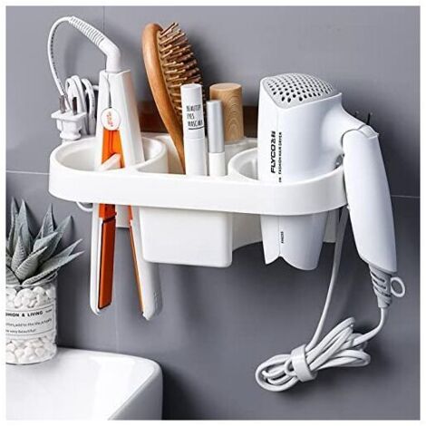 CSPARKV Support Mural pour sèche-Cheveux, Auto-adhésif sans perçage, Rangement Multifonctionnel pour Salle de Bain avec Boucle à Douille, sèche-Cheveux/Brosse à Dents/cosmétique/Fer à friser (Blanc)